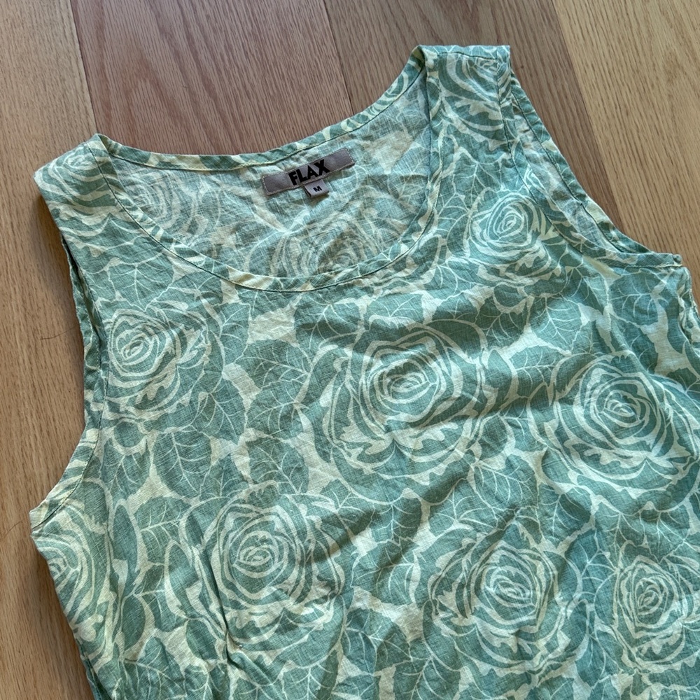 FLAX green floral sleeveless linen shirt